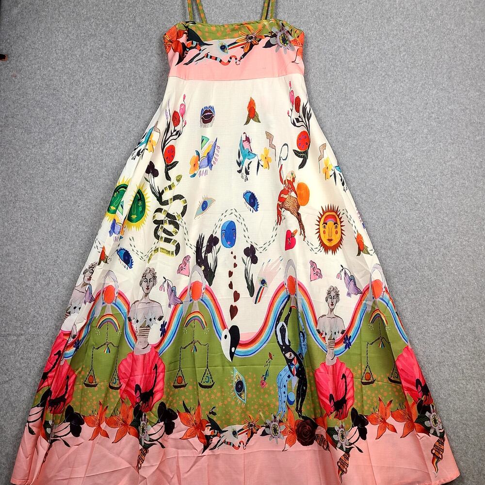 Surrealist Whimsy Boho Pattern Floor Length Spaghetti Strap Maxi Dress Large